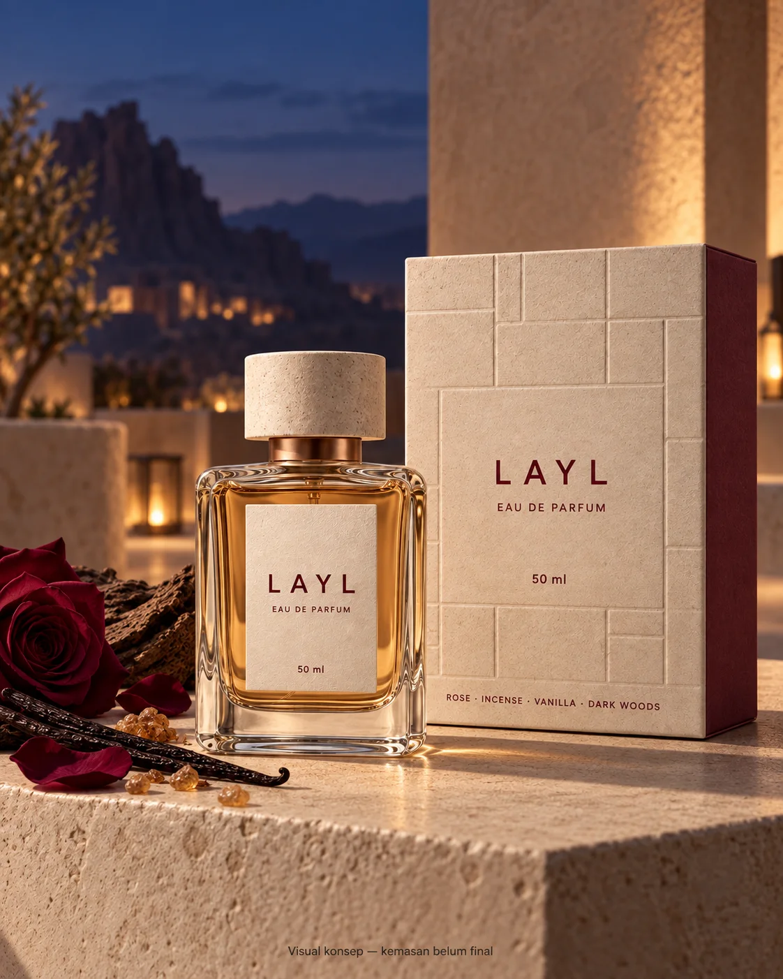 Konsep botol dan kotak LAYL by perfumery